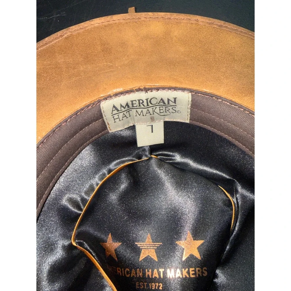American Hat Makers Brown Leather Cowboy Hat Braided Band Wide Brim Mens Large